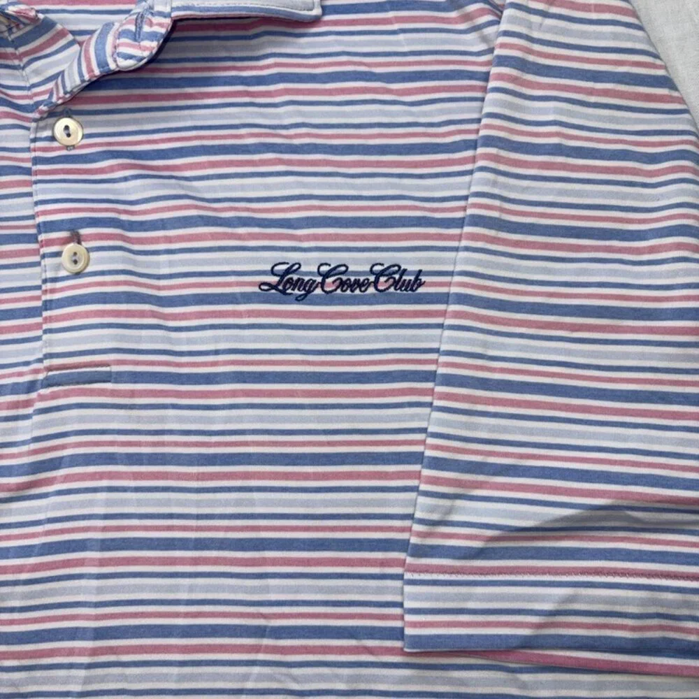 Peter Millar Summer Comfort Blue and Pink Stripe Short Sleeve Polo size Large